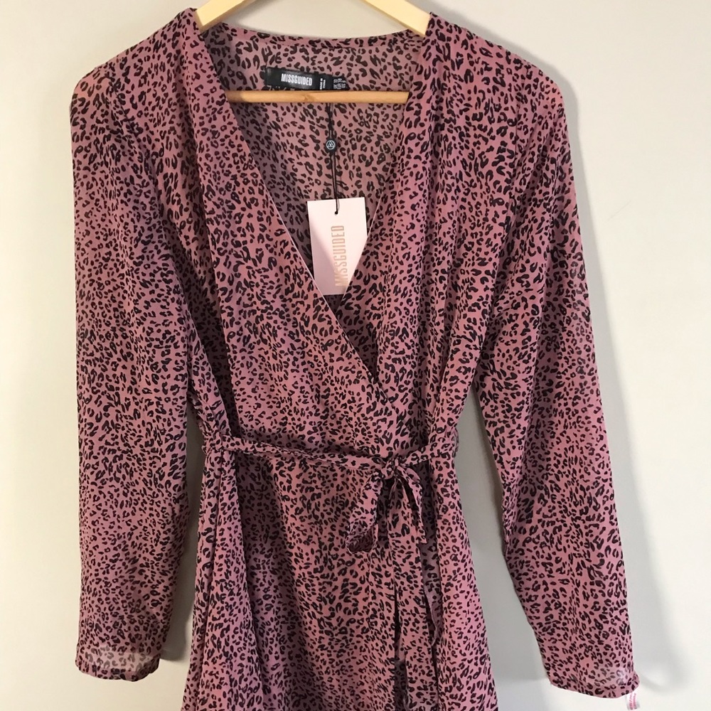 NWT Pink Leopard Print Misguided Wrap Dress - Picture 2 of 9